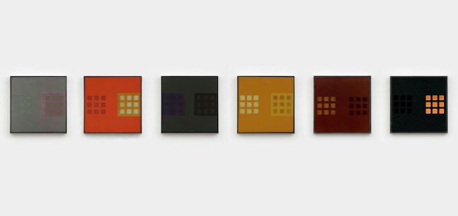 6 bright colored square paintings