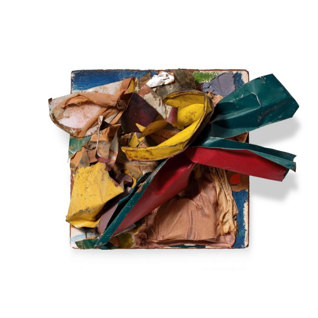 JOHN CHAMBERLAIN
Untitled
1961
painted metal, fabric, paper collage, metal staples, plastic, and acrylic on paper mounted on board
12 1/2 x 17 1/4 x 5 7/8 inches (31.8 x 43.8 x 14.9 cm)