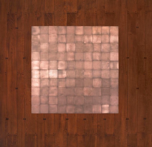 Carl Andre
100 Copper Square
1968
copper
100-unit square (10 x 10)
overall: 3/16 x 78 11/16 x 78 11/16 inches (.5 x 199.9 x 199.9 cm)