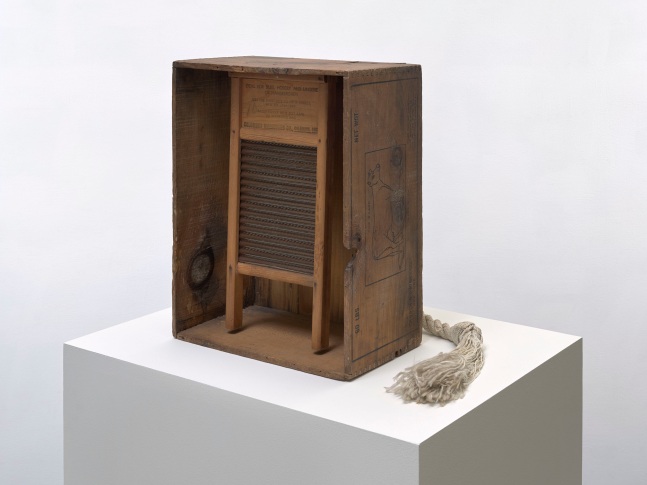 Rub of the Milk Tub (Kabal American Zephyr)

1987

wood box with washboard and rope

19&amp;nbsp;&amp;frac14; x 20&amp;nbsp;⅛ x 12&amp;nbsp;⅜ inches (49 x 51 x 31.5 cm) width and depth variable

&amp;copy; 2022 The Robert Rauschenberg Foundation, Licensed by VAGA at Artists Rights Society (ARS), New York. Photo: Ron Amstutz, courtesy of The Robert Rauschenberg Foundation and Mnuchin Gallery, New York.