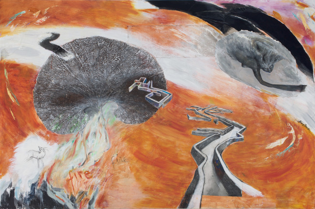 Mary Frank
Translation of Bird Calls, 2018-2019
Acrylic, oil, graphite, paper, and leaf on board
49 x 74 inches