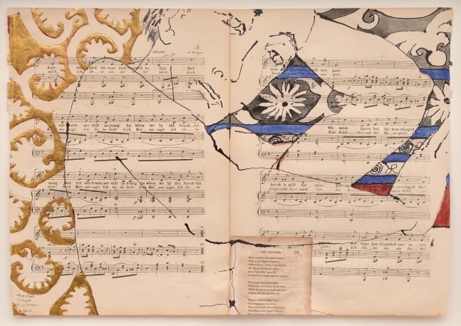 Robert Kushner, Minstrel, 2010. Acrylic, oil, ink, ink wash, gold leaf, and collage on antique paper, 13 1/2 x 19 1/4 inches