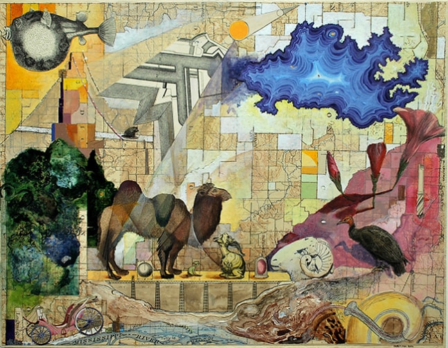 Josh Dorman, Dromedary, 2010. Ink, acrylic and antique maps on panel, 11 x 14 inches