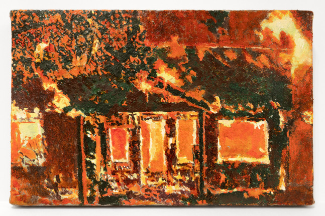 Greg Lindquist, California Wildfire, 2022. Oil and metallic on linen on panel, 8 x 12 x 1 inches