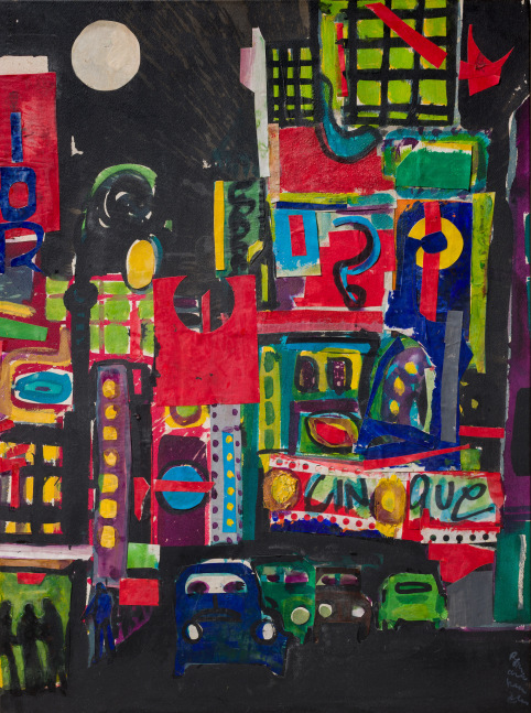 Romare Bearden, Midtown, 1982. Collage with paint and graphite on paper mounted to board, 27 1/2 x 20 1/2 inches