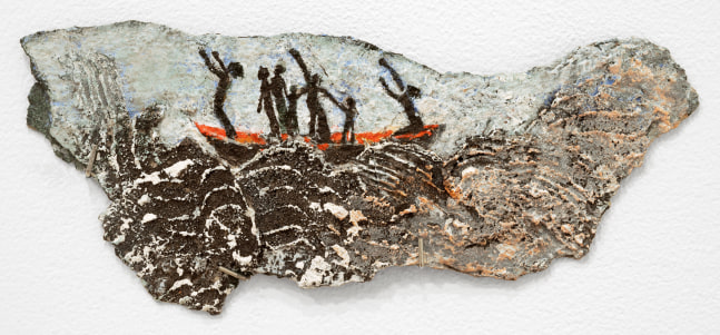 Mary Frank, Untitled (Figures in Boat), 2015-2020. Acrylic and ink on Bluestone, 4 x 9 x 1/4 inches