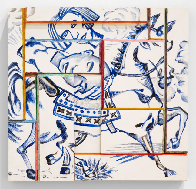 Nicholas DiLeo, Tenders, 2022. Enamel and oil on walnut and pine panels, 15 x 15 inches