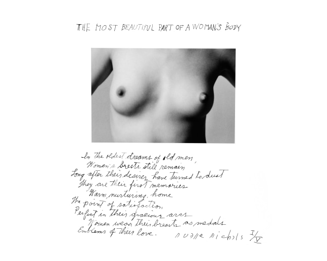 Duane Michals The Most Beautiful Part of a Woman’s Body, 1986 Gelatin silver print with hand-applied text 4 ⅝ x 6 ⅞  inches (image); 11 x 13 ⅞ inches (paper) Edition AP I/V