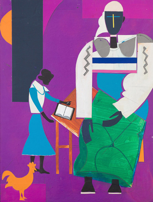 Romare Bearden, Noah Means a New Day, c. 1984. Collage on board, 18 1/2 x 14 inches