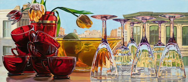 Janet Fish
Red Cups and Tulips, 1981
Oil on canvas
36 x 82 inches