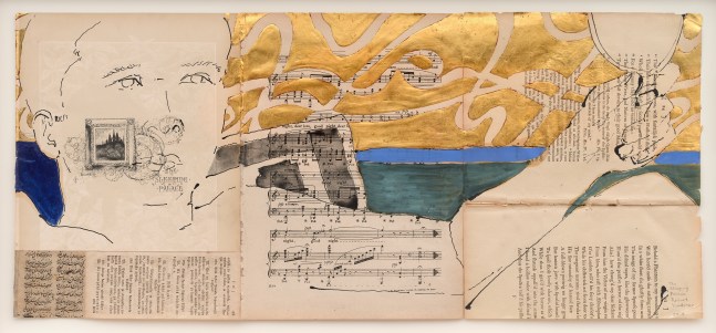 Robert Kushner, The Sleeping Palace, 2010. Acrylic, oil, ink, ink wash, gold leaf, and collage on antique paper, 13 1/2 x 30 inches