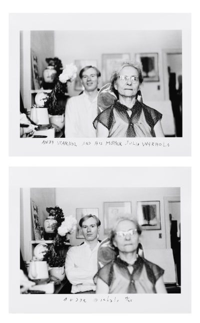 Andy Warhol and His Mother Julia Warhola, 1958 Two gelatin silver prints with hand-applied text 6 5/16 x 9 3/8 inches (each image); 8 x 9 15/16 inches (each sheet) Edition 14/25