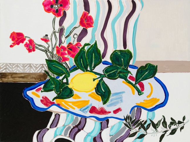 Antella Curtain and Window: Lemon and Poppies, 2023 Oil, acrylic, conté crayon, and pencil on canvas 36 x 48 inches