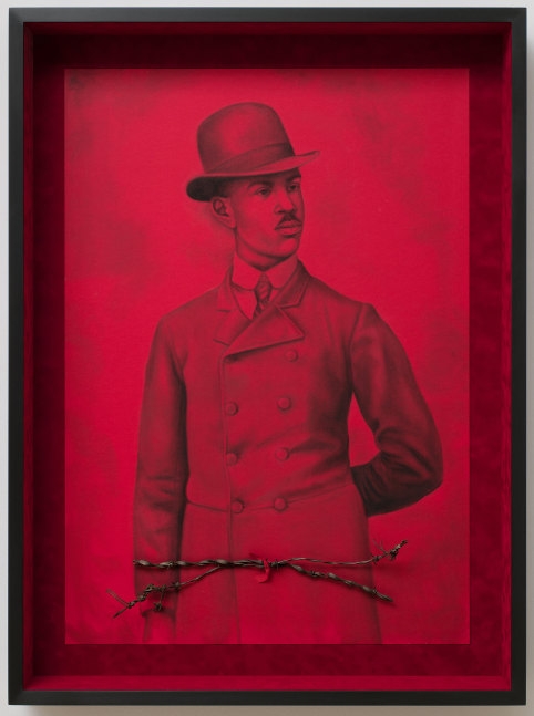 The Red III, 2021
Conté on paper with attached found object
45 3/4 x 34 x 5 1/4 inches
 