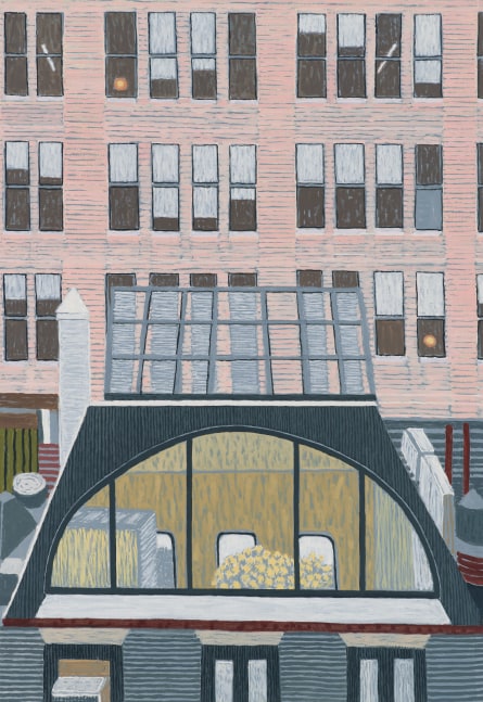 Pink Brick and Curved Dark Window, 2020 Oil on linen 37 1/2 x 26 inches