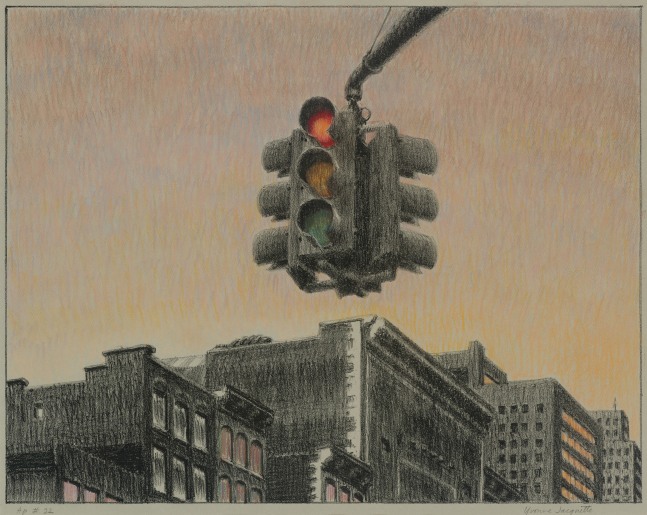 Traffic Signal (Orange Sky – Red Light), AP 22, 1973. Lithograph with hand-coloring, 21 1/2 x 27 1/4 inches (paper); 16 1/4 x 21 inches (image)