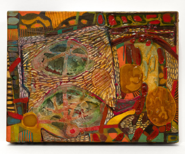 Erika Ranee, Kerrie, 2022. Acrylic, shellac, ink, spray paint and collage on canvas, 8 x 10 inches