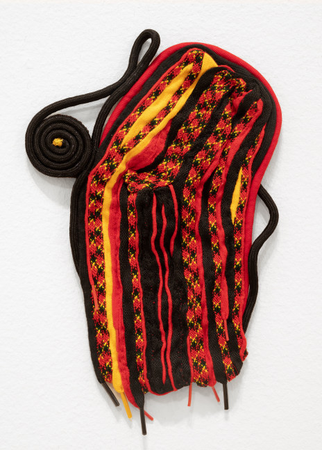 Sheila Pepe, Shoelace Drawing (12.30), 2022. Shoelaces, trims, fabric and thread, 11 1/4 x 7 1/4 inches