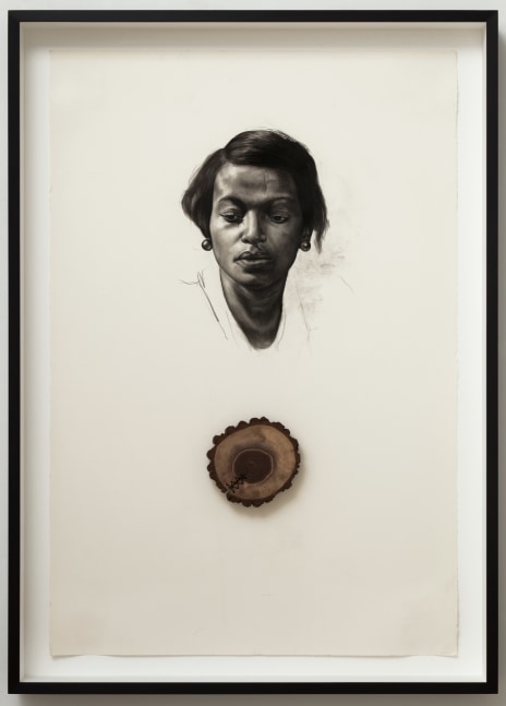 Whitfield Lovell, Spell no. 15 (Remedios), 2021. Conté on paper with attached found object, 66 1/2 x 47 3/4 x 4 3/4 inches