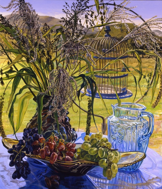Janet Fish
Grasses and Blue Bird Cage, 2005
Oil on canvas
70 x 60 inches