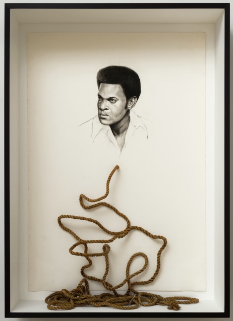 Whitfield Lovell, Spell no. 12 (Black Maybe), 2021. Conté on paper with attached found object, 66 1/2 x 47 3/4 x 13 3/4 inches