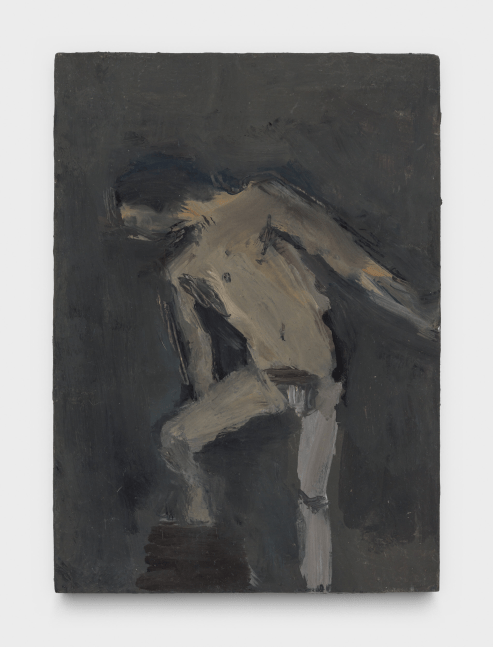 Janice Nowinski, Male Nude with Knee Raised, 2022. Oil on panel, 7 x 5 inches
