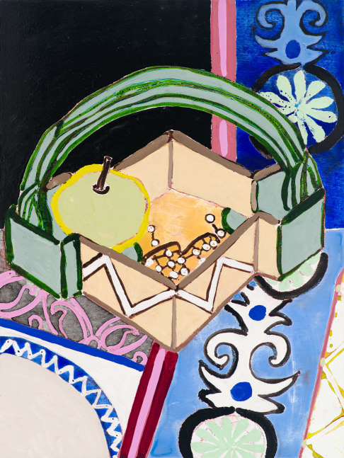 Robert Kushner, Oribe, Kashiki, Pear, and Suzani, 2022. Oil, acrylic, and conté crayon on wood panel, 24 x 18 inches