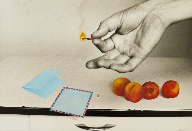 Duane Michals, Why Did He Burn the Letter?, c, 1980. Photograph with hand-applied oil paint, mounted on illustration board, 13 1/4 x 19 3/8 inches (image); 15 7/8 x 19 3/4 inches (paper).