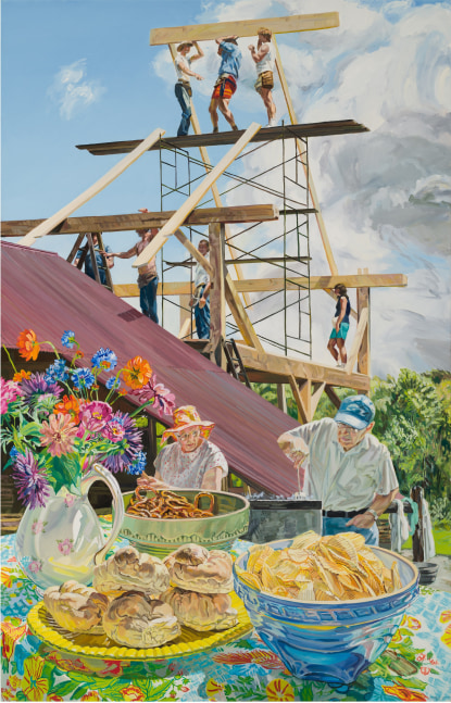 Barn Raising, 1989. Oil on canvas, 84 x 54 inches