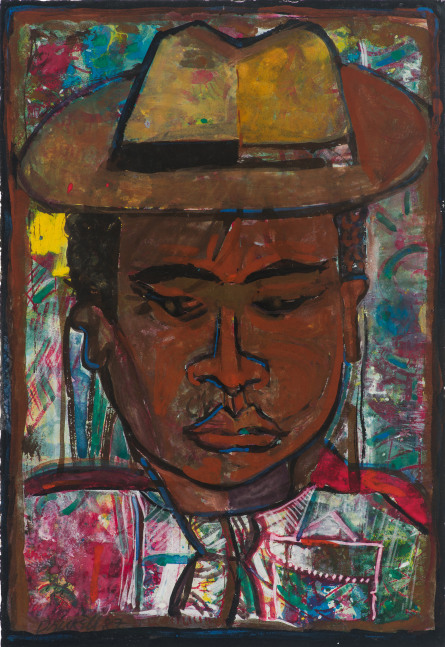 Self-Portrait in Brown Hat, 1987
Gouache on paper
11 x 7 1/2 inches