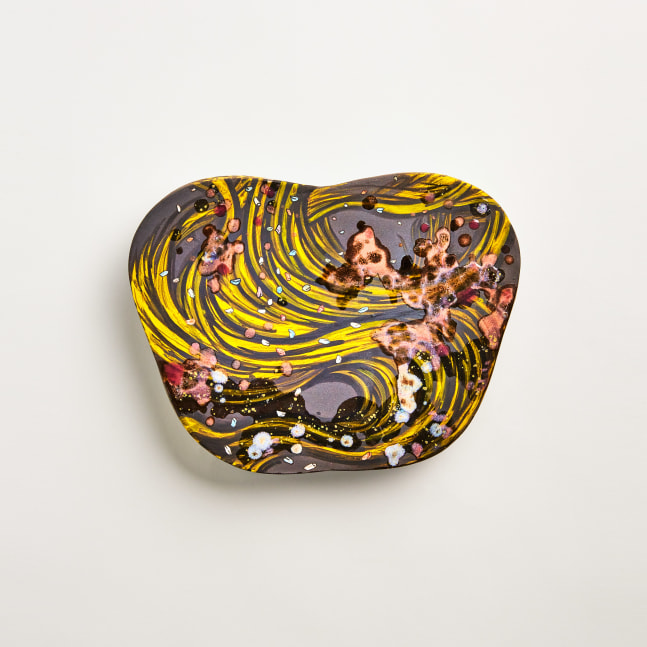 Jiha Moon, Yellowave confetti (Fan shape), 2021. Stoneware, underglaze, glaze, 6 1/2 x 8 1/2 x 1 1/4 inches