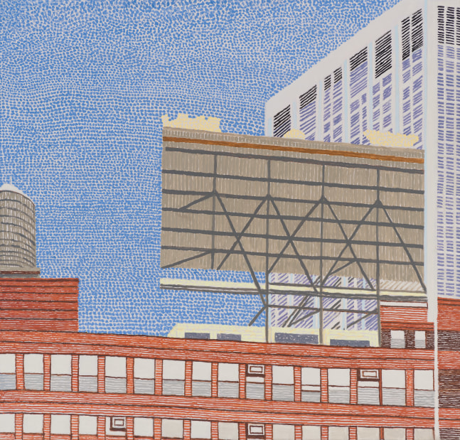 Backside of Huge Sign, N.Y.C., 2020. Oil on linen 42 1/4 x 44 inches