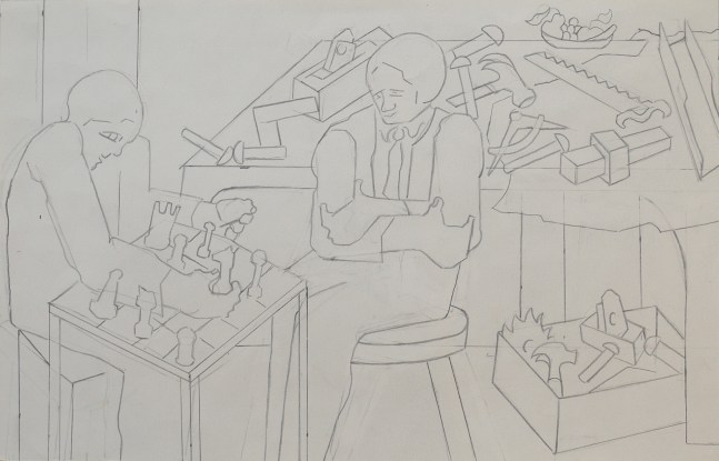 Jacob Lawrence, Two Builders Playing Chess, 1996. Graphite on paper, 11 x 17 inches