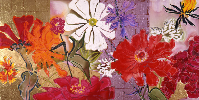 Robert Kushner, Peony Horizon, 2002. Oil, acrylic, gold leaf, and glitter on canvas, 72 x 24 inches