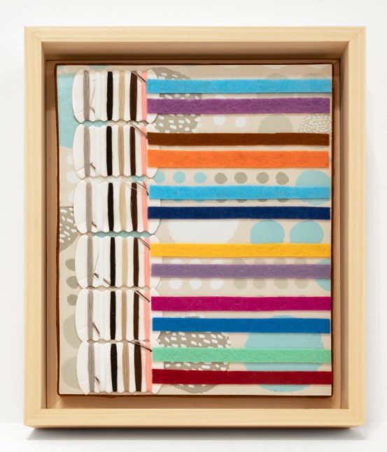 Lisa Hoke, Kits, 2022. Cardboard, packaging, thread, felt and glue, 9 1/2 x 7 1/2 x 2 inches