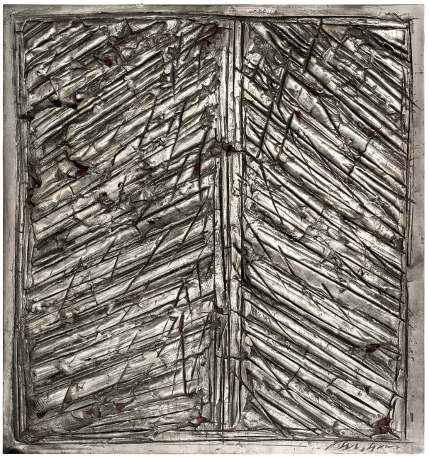 George Dunbar
Marshgrass LVIII
Palladium leaf over black clay, over red rags on board
27h x 25w in
SOLD

&amp;nbsp;