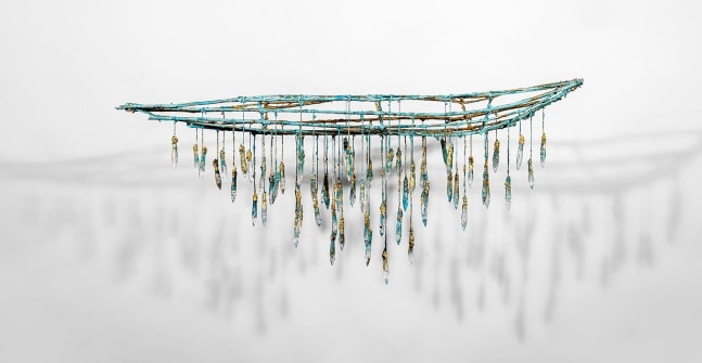 Raine Bedsole
PEITHO, 2020
steel, sticks, crystals, thread and twine, gold leaf, clay paint, wire
18h x 43w x 7d in