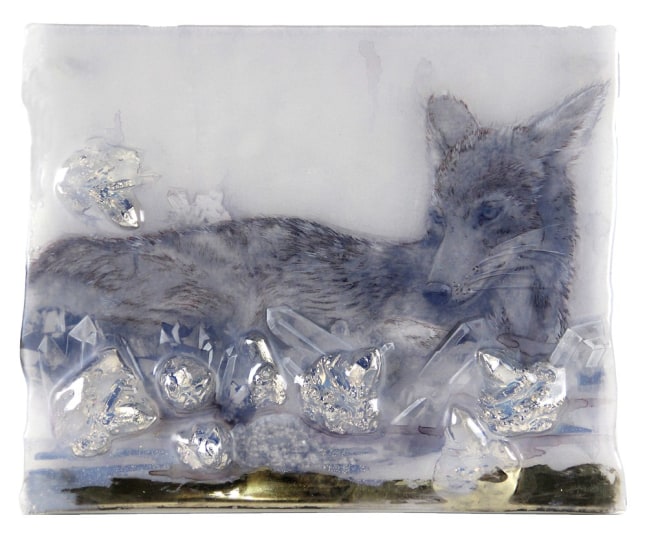 Sibylle Peretti
Rex, 2021
kiln formed glass, engraved, painted, silvered, paper applique
17 x 20 x 1 in