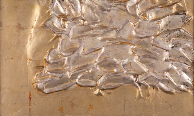 George Dunbar
Early Rouville, c 1955-60
Die keen with silver and gold leaf over yellow clay on board
14h x 22w in