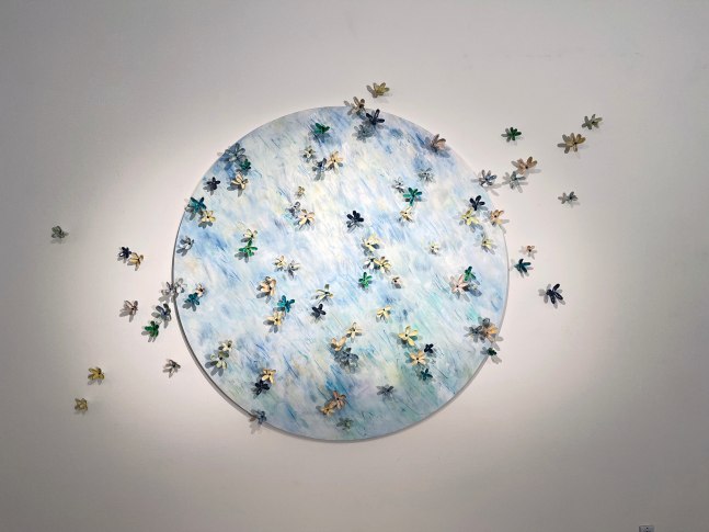 Bradley Sabin
Smoke Songs,&amp;nbsp;collaboration with Karoline Schleh
ceramic with mixed media and fumage on panel
60&amp;quot; diameter with flower extensions variable