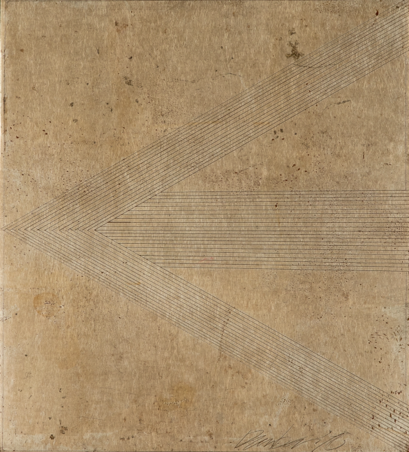 George Dunbar
Arrow, 1980
gold leaf over acrylic on board
9h x 8w in
Framed: 9.75h x 8.75w in
 