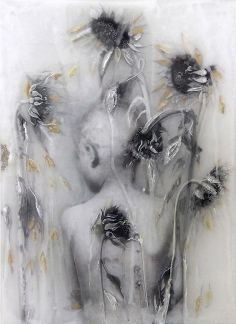 Sibylle Peretti
Boy with Sunflowers, 2019
carved acrylic glass, painted ,silver- and gold leaf application, laser print
22h x 16w in
