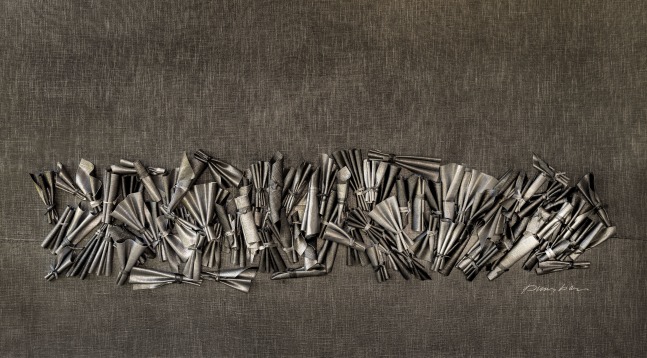 George Dunbar
Paquet Series XV, 2023
Black and gray metallic yarn dyed linen bundles on linen canvas
60h x 108w x 5d in