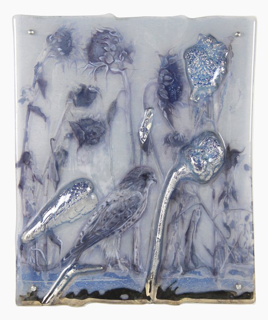 Sibylle Peretti
My Peregrine II, 2021
kiln formed glass, engraved, painted, silvered, paper applique
20h x 17w x 1.50d in