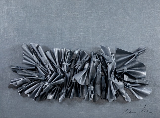 George Dunbar
Paquet Series No. 18, 2024
Blue tone metallic yarn dyed linen bundles mounted on canvas over panel
37h x 49w in