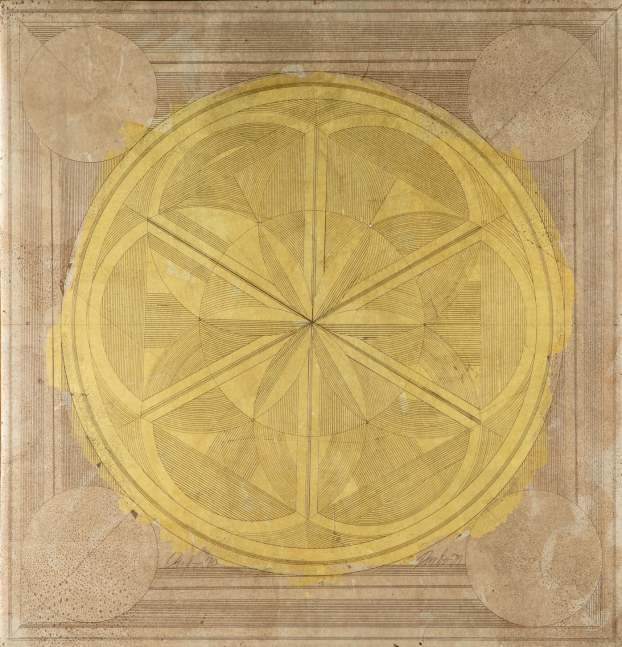 George Dunbar
Untitled, 1970
silver and gold leaf over clay on board
16h x 15.25w in