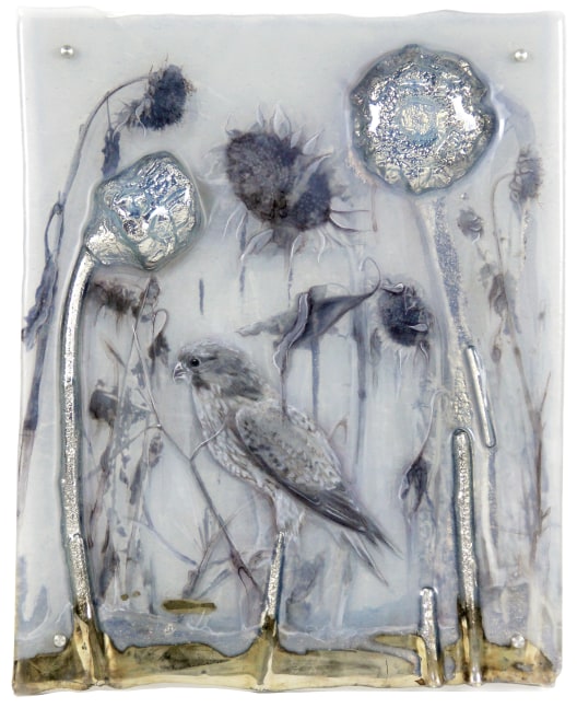 Sibylle Peretti
My Peregrine I, 2021
kiln formed glass, engraved, painted, silvered, paper applique
20h x 17w x 1.50d in