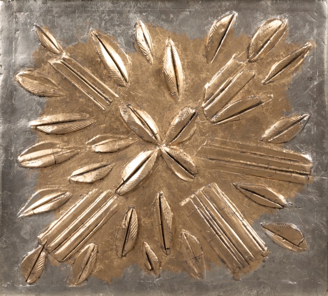 George Dunbar
Rouville No.141, 2024
Palladium and moon gold leaf over taupe clay
20.50h x 22.50w in