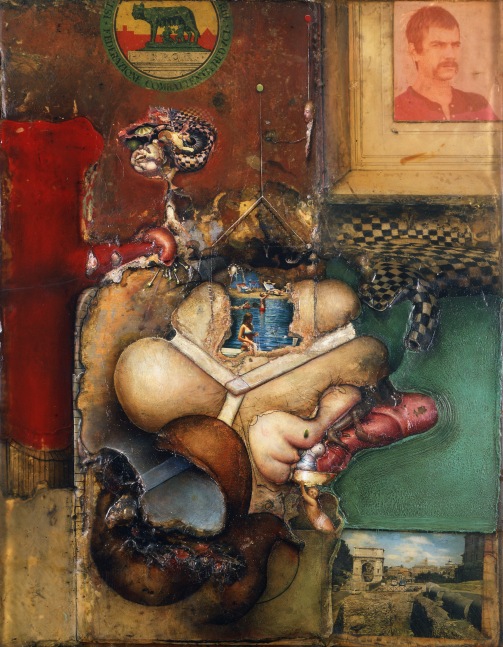 Gregory Gillespie Self-Portrait, Foro Romano, 1969 oil, tempera and collage on board 25 3/8 x 19 3/4 inches