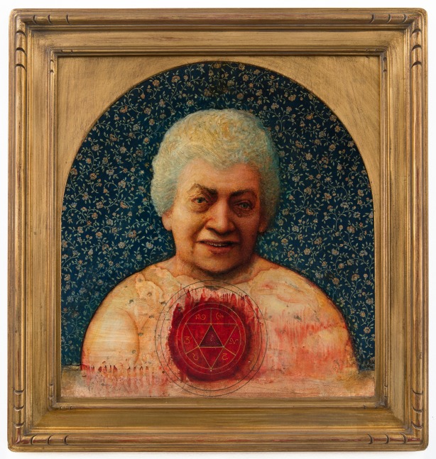 Gregory Gillespie, My Aunt, 1988, oil on panel, ​​​​​​​19 3/4 x 18 1/2 inches, 25 x 23 3/4 inches (with artist's frame)